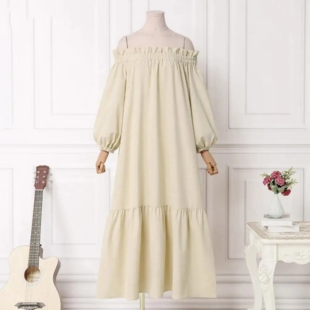

Elastic Sleeve Dress Women's Casual Spring Midi Dress with Lantern Sleeve Off Shoulder Design Loose Fit Pullover for Autumn