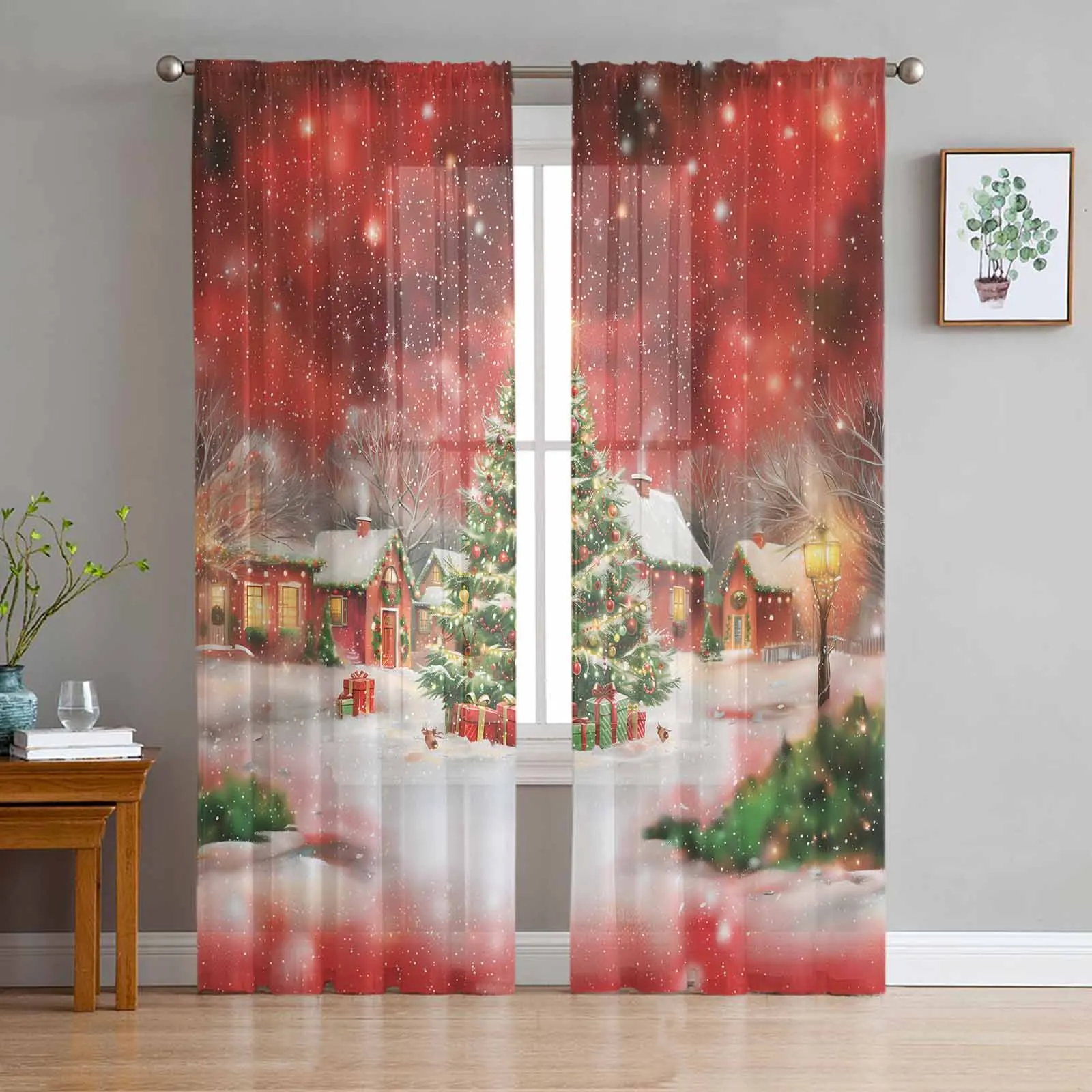 Christmas Tree Snow Cabin Street Lights Chiffon Sheer Curtains for Living Room Bedroom Decor Kitchen Window Voiles Tulle Curtain