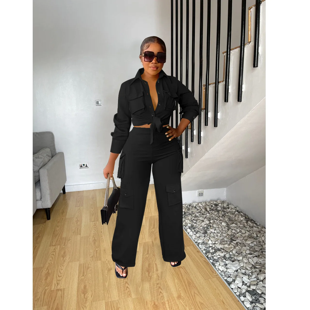 Women's Autumn & Winter Two-Piece Set  Overalls Fashion Solid Color Long-Sleeved Jacket Coat & Multi-Pocket Wide-Leg Pants Suit