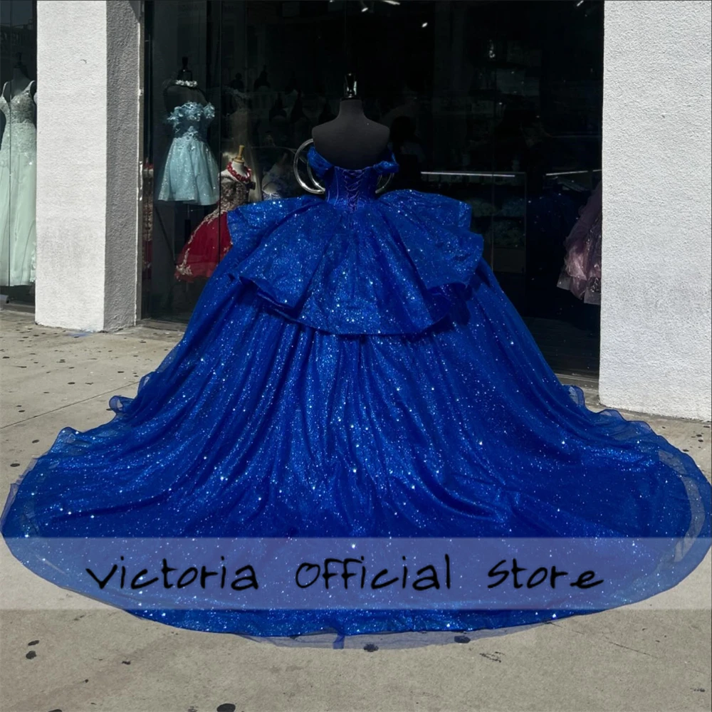 King Blue Beaded Crystal 15 Quinceanera Dresses 2024 Sparkly Ball Gown Off The Shoulder Ruffles Lace-up Graduation Customized