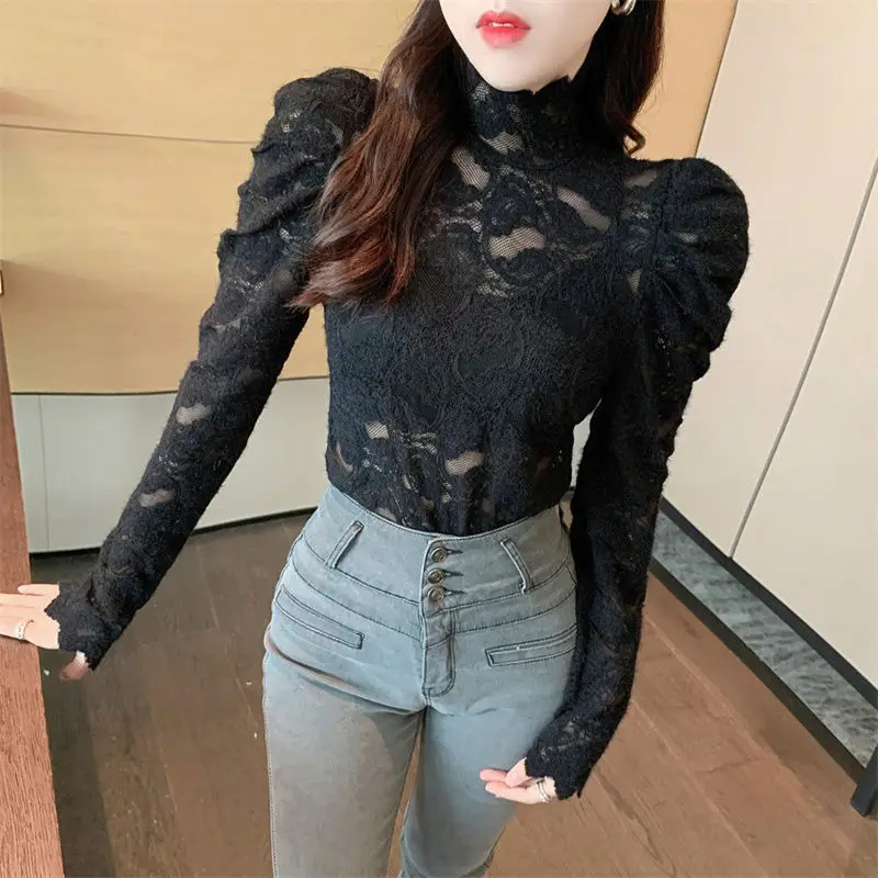 2023 Autumn Winter New Solid Color Fashion Blouse Women Turtleneck Elegant Long Sleeve Pullovers High Street Lace All-match Tops