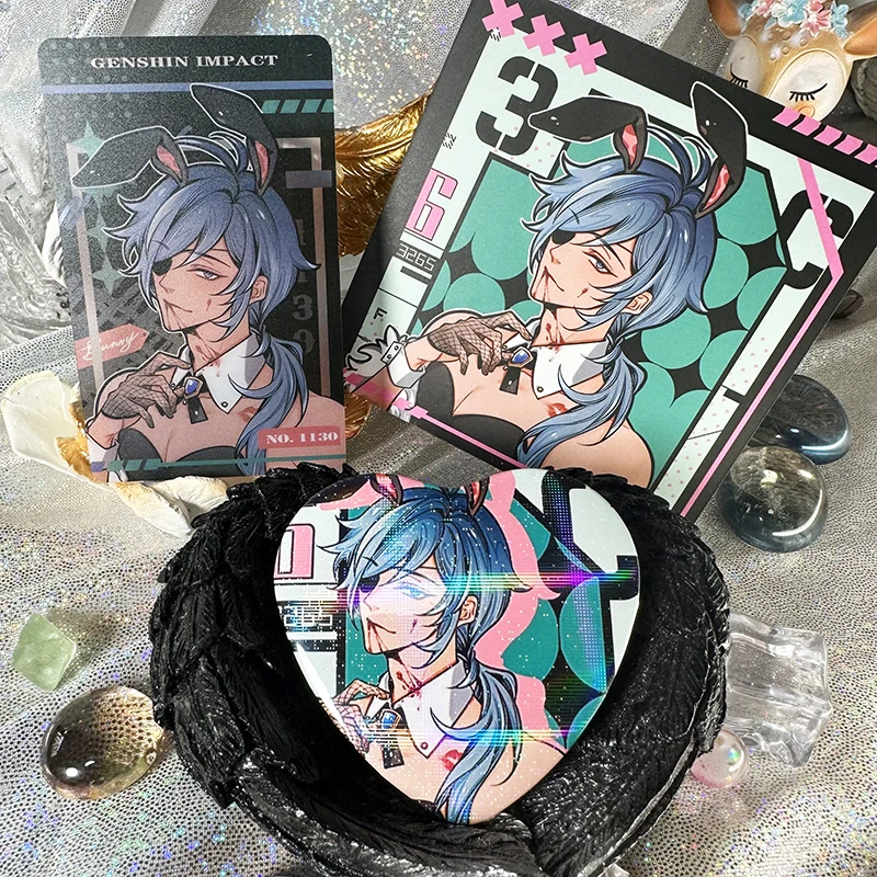 Game Genshin Impact Killer Rabbit Boy Series 3pcs Set Badge Brooch Pins Cosplay PVC Cards Pendant Collection Square Card Gift