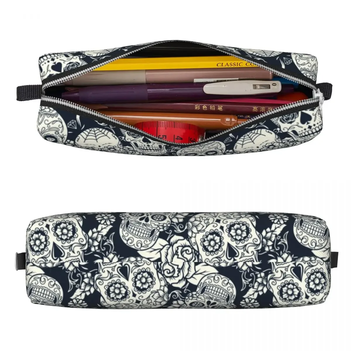 Casos de lápis floral crânio de açúcar, caixa de lápis do dia dos mortos, porta-canetas para estudantes, bolsa de estudante criativa, papelaria escolar