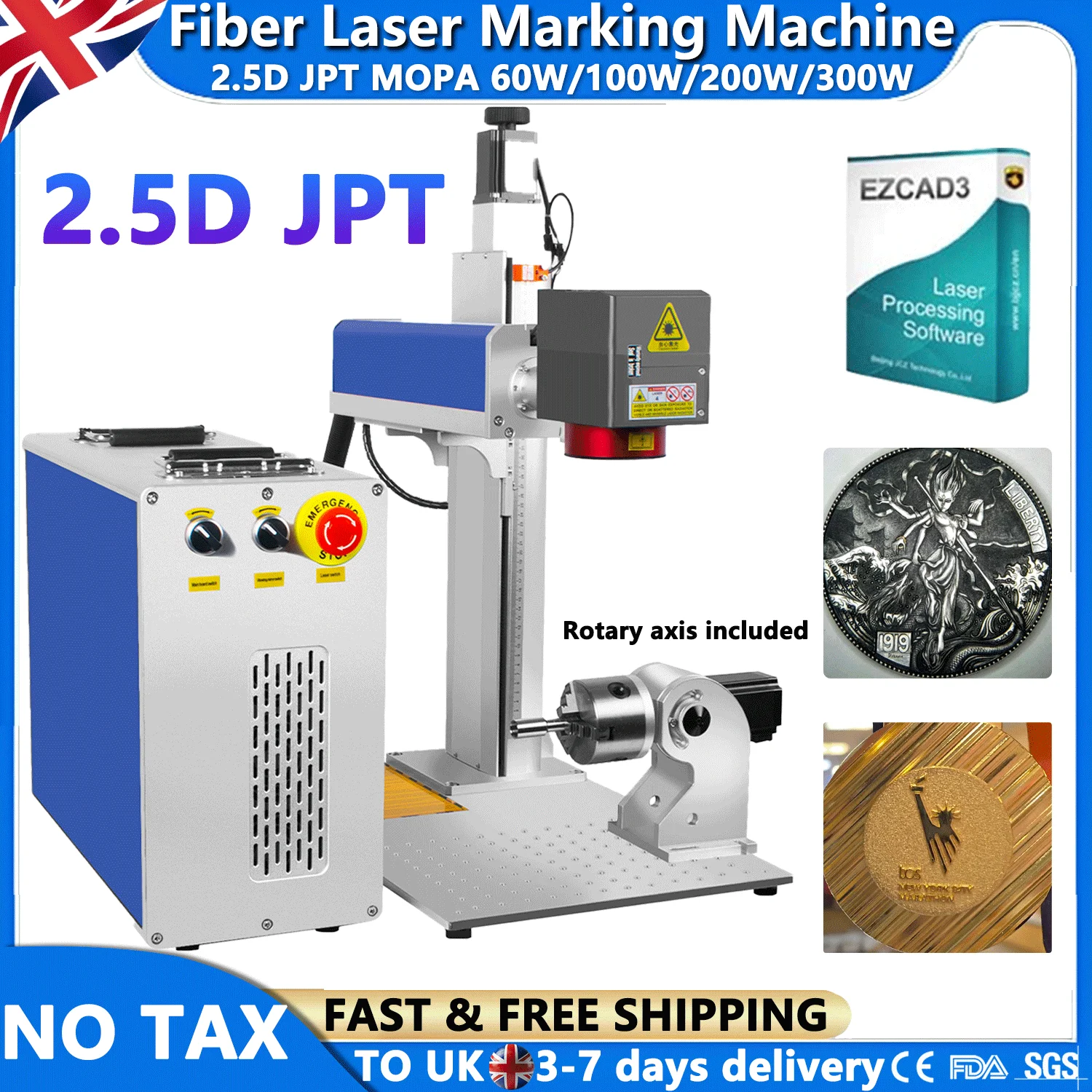 

2.5D JPT Mopa Fiber Laser Marking Cutting Machine 3D Relief Deep Engraving for All Metal 300W Fiber Laser Deep Engraver UK Stock