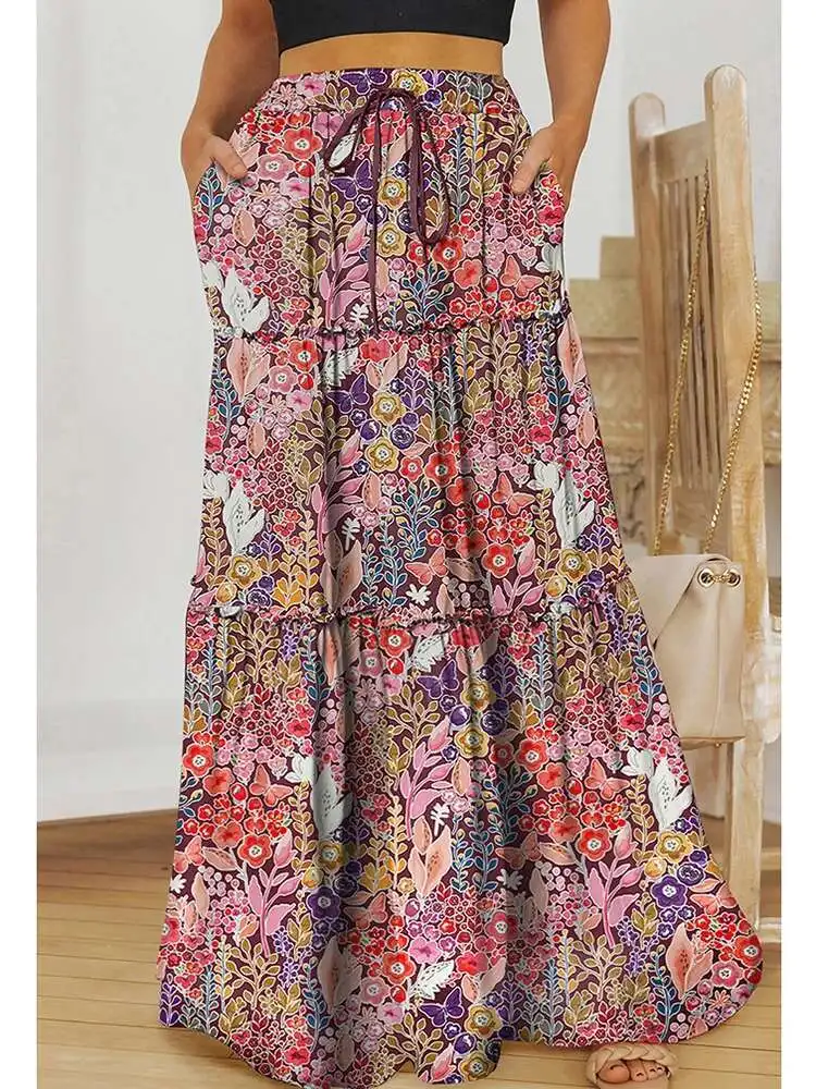 BabYoung Gonna vintage bohémien Donna Abbigliamento da ballo 2025 Ruffles AE Maxi Gonne Pantaloni femminili Stampa Ral Beach Saias