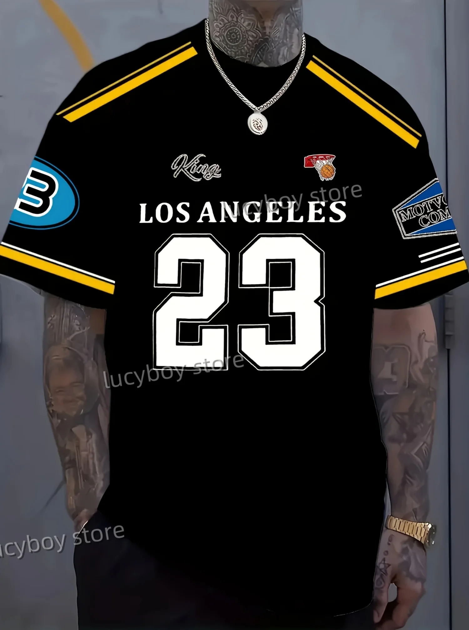 Mens  King ANGELES 23 Print Jersey T-shirt Man Short Sleeve Sport Football T-Shirt Vintage Oversize Striped Tees Men Clothing