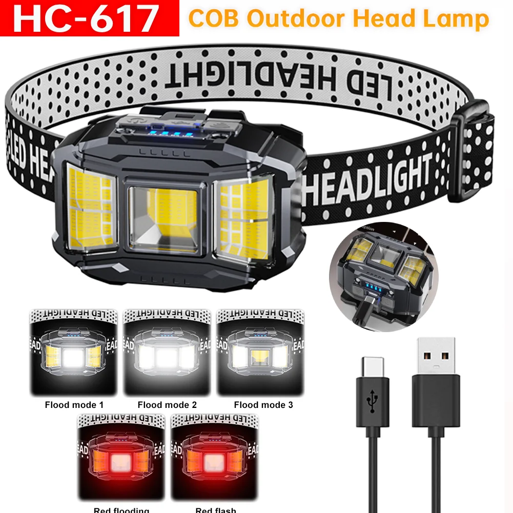 COB LED Strong Light Headlight Motion Sensor Head Mounted Flashlight 5 Gears Powerful Headlight Torch for Outdoor Night Fishing