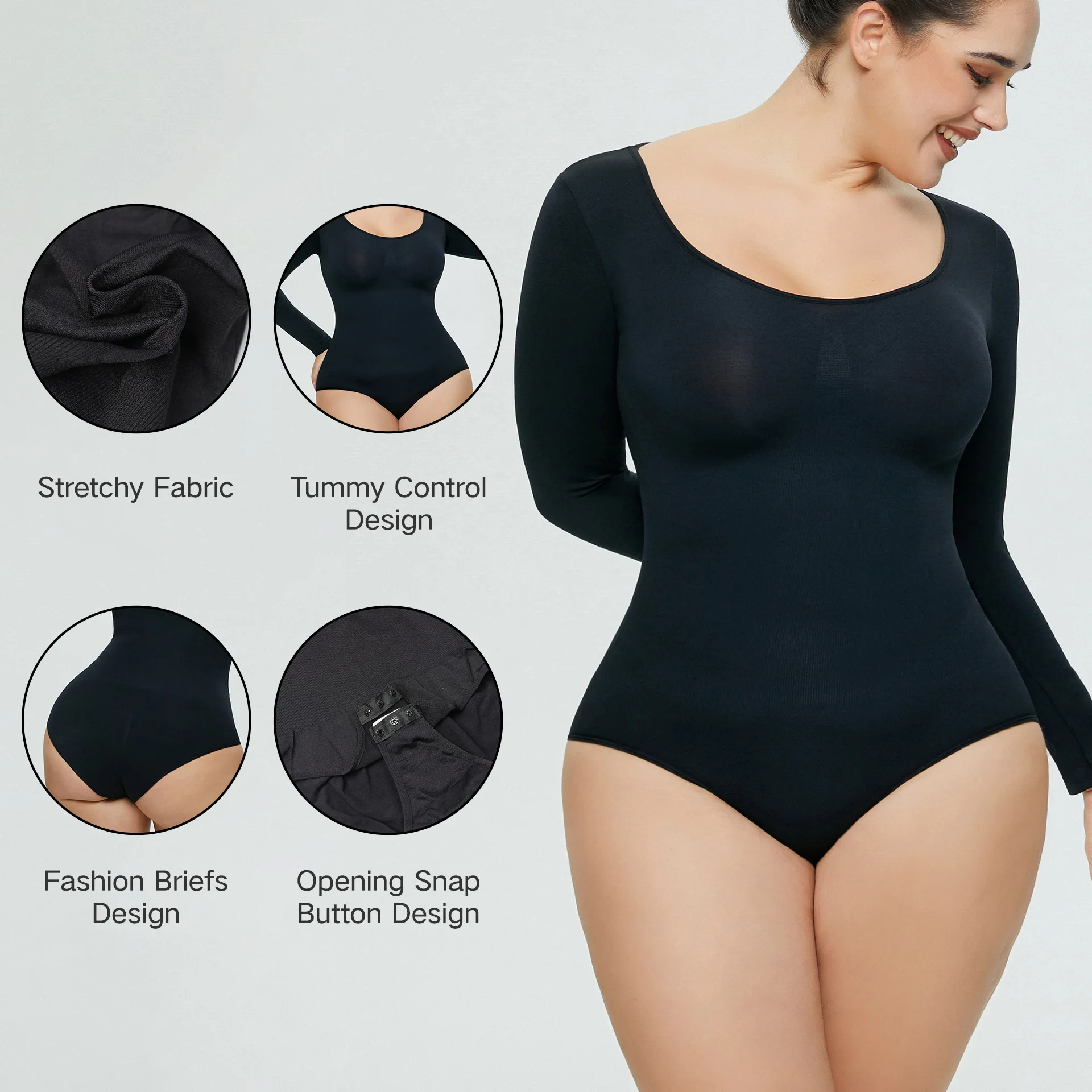 Long Sleeve Bodysuits Shapewear for Women Seamless Waist Trainer O Neck BodySuit Stretch Basic T Shirt Tops Thong Shaper Corsets