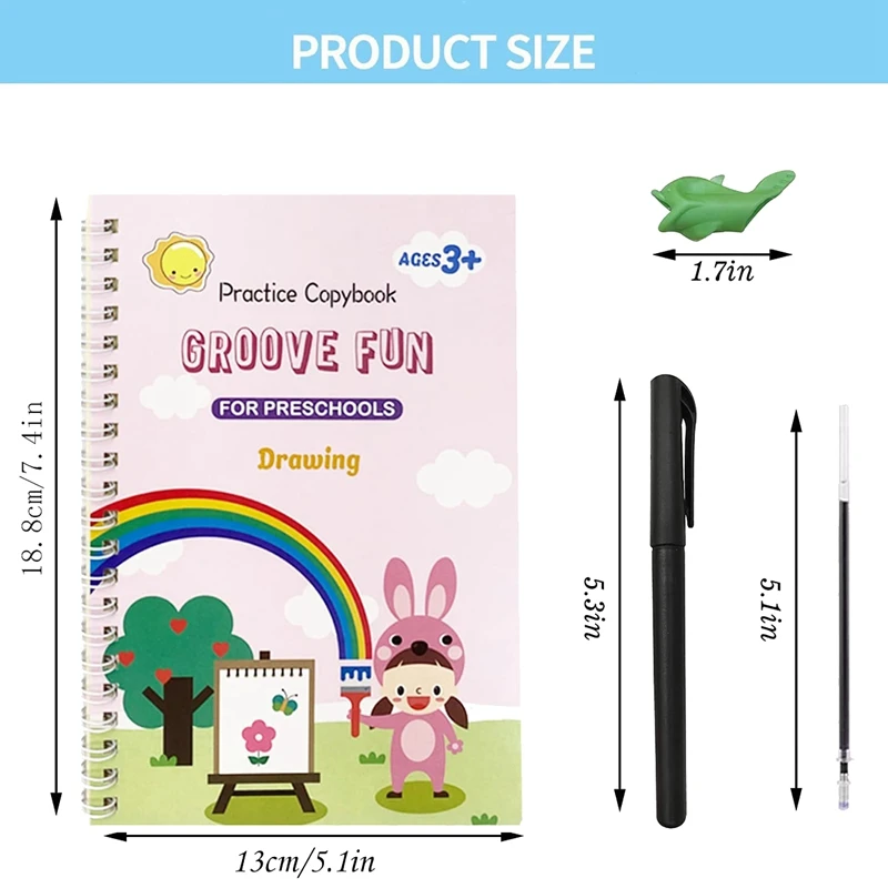 4 Pc Grooved Handwriting Book Practice,Magic Copybook For Kids,Grooved Kids Writing With Auto Disappear Ink Pen