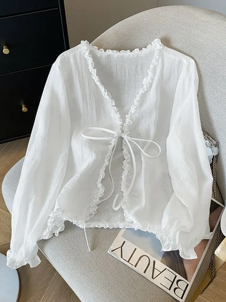 Solid Sweet Tops Women Cardigans Autumn Thin Shirts 2025 VONDA Fashion Long Sleeve Bandage Casual Ruffled Open Stitch Kinomo