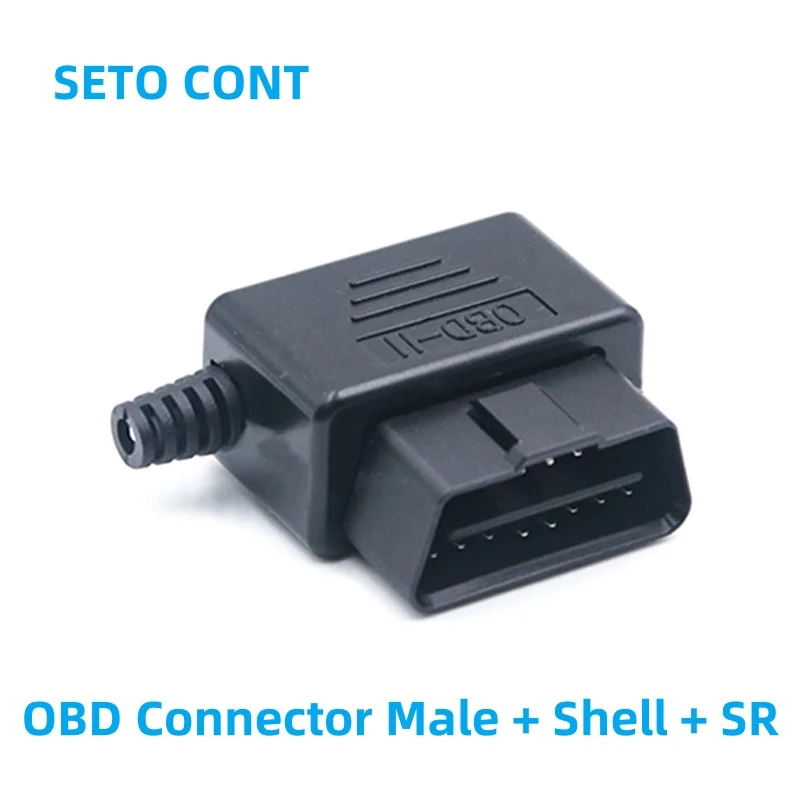 J1962 Black Color 12V or 24V OBD Connector Male Assembled 16 Pin Male Auto OBD2 Plug with OBDII Shell Case and Strain Relief