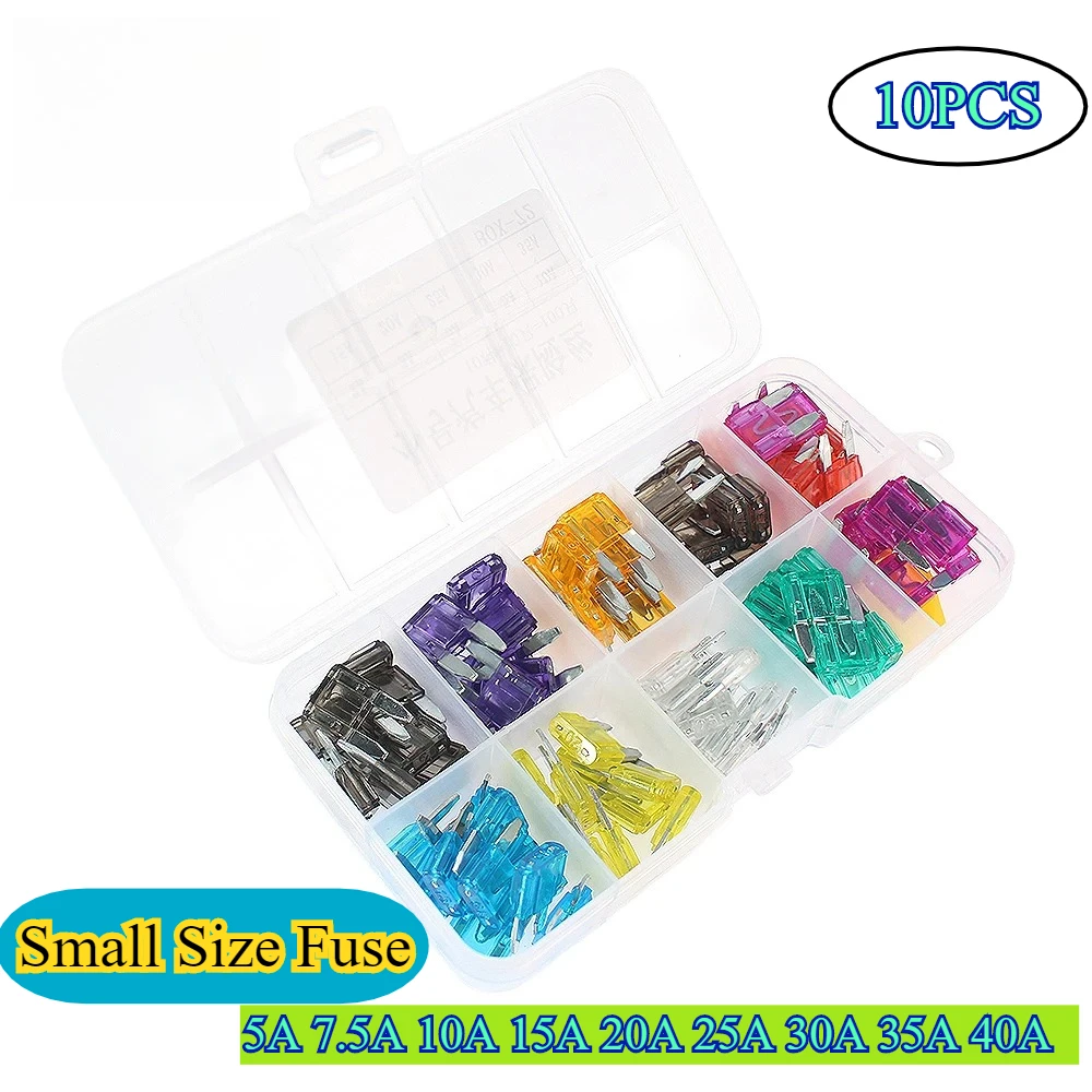 10/100PCS Small Size Car Fuse Assortment Set Profile 5A 7.5A 10A 15A 20A 25A 30A 35A 40A Profile Blade Type Fuses with Clip