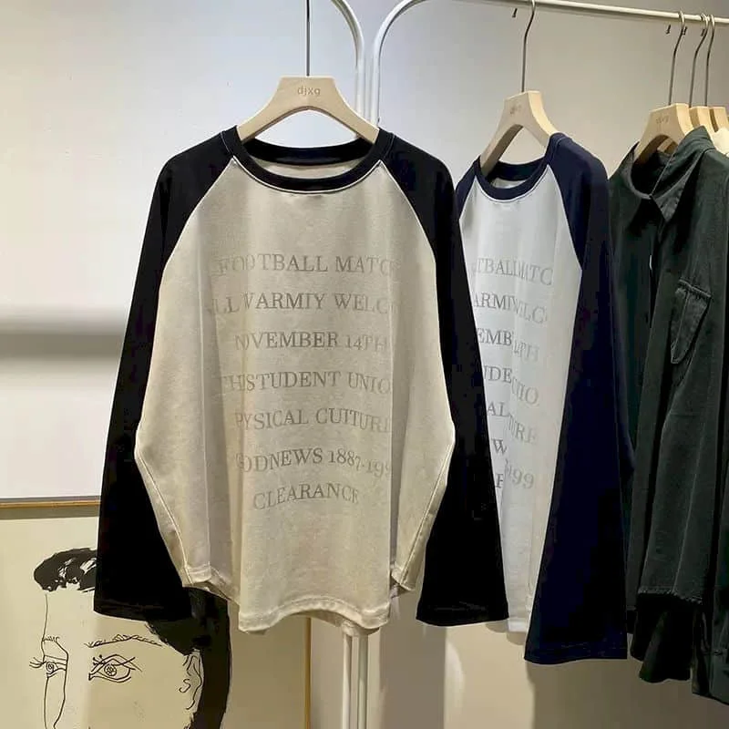 

Gothic T-shirts for Women Oversized Contrast Color Casual Korean Style Long Sleeve Tees O-neck Loose Aesthetic Clothes Trendy