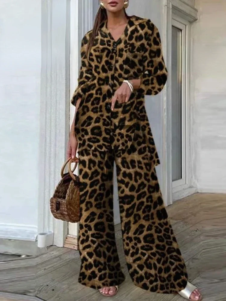 Summer Fashion Collection New Women's Wear Matching Collection Leopard Pattern Top Loose Wide Leg Pants Retro Two Piece Set