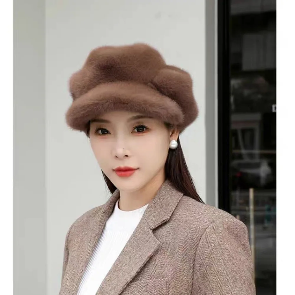Cute Solid Color Imitation Mink Beret Thick Warm Lightweight Peaked Cap Versatile Plush Cloud Hat Winter