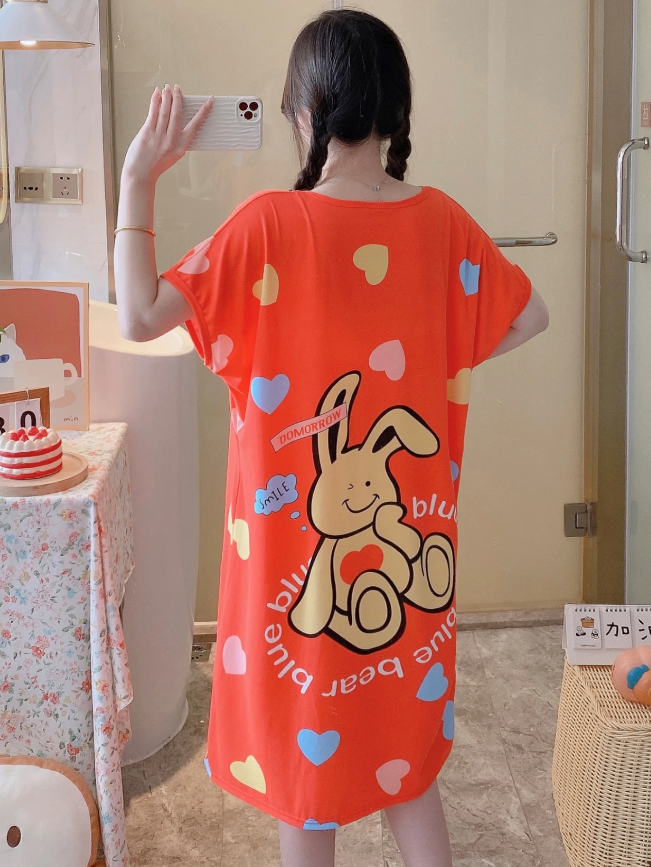 Cartoon Orange-yellow Rabbit Lounge Dresses, Comfy Cute Short Sleeve Crew Neck Dress, Women's Loungewear & Dresses