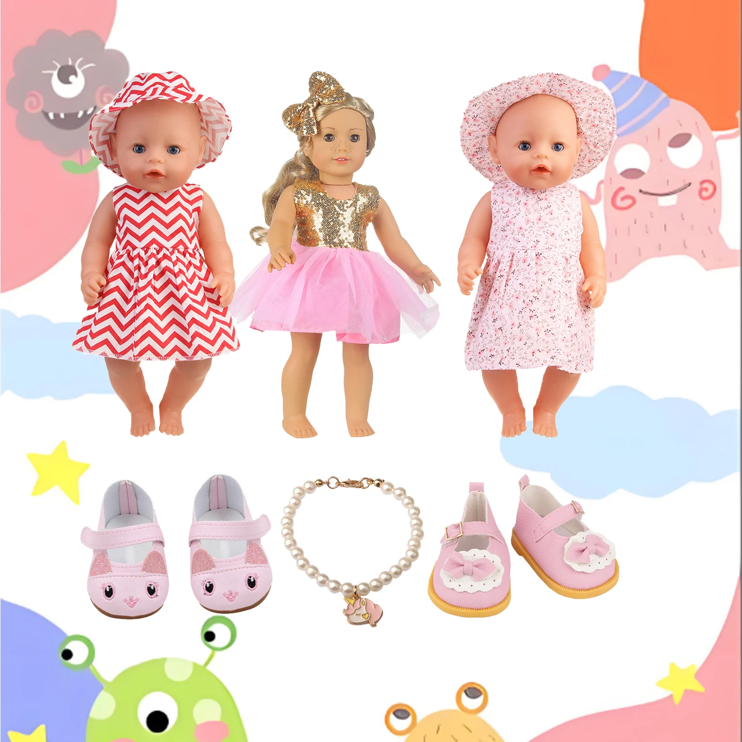 

Doll Outfit Set Shoes,Necklace,Skirt,Hat,Hairpin Doll Clothes For 18 inch American&43cm Baby Newborn,OG Girl Dolls Accessories