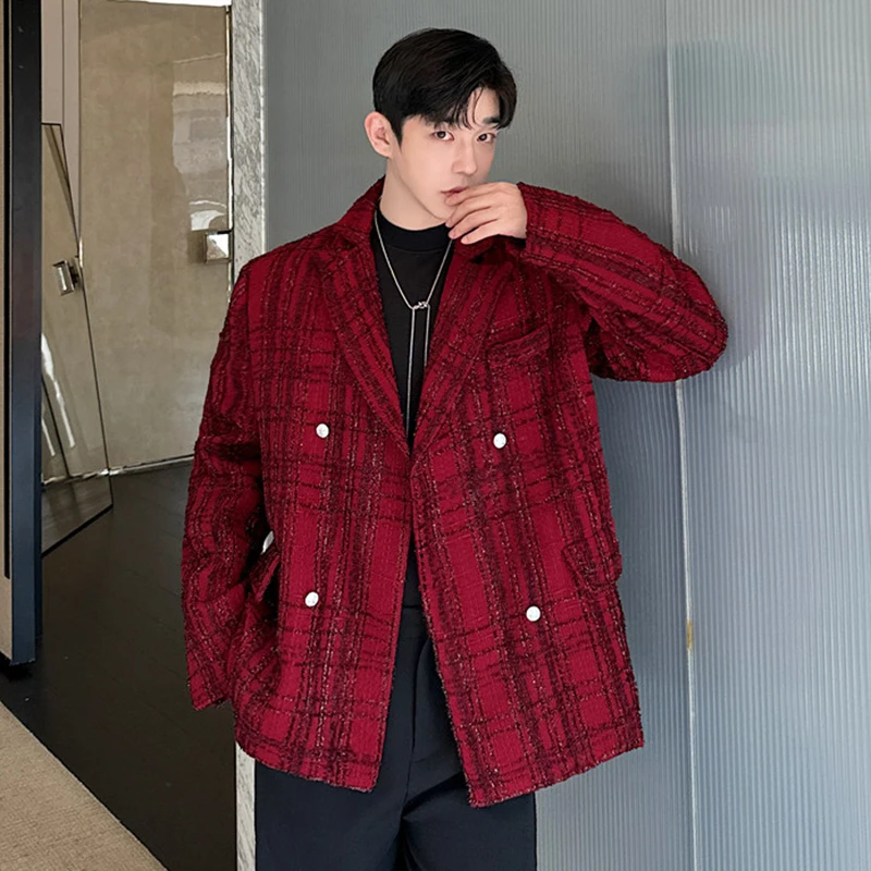 IEFB 2024 Autumn Men\'s Suit Jackets Casual Woolen Shiner Plaid Double Breasted Chic Button Loose Male Blazer Personalized 9C8125