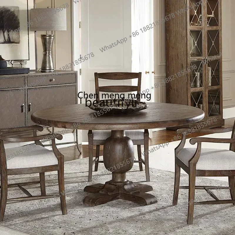 M178 Retro high-end custom American rural solid wood round dining table and chair combination household dining table