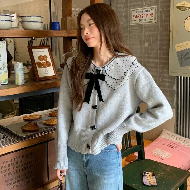 Peter Pan Kragen Strickjacke Frauen Süße Baggy Weiche Schleife Pullover Zarte Ulzzang Mode Casual Outwear Studenten Krono SEMди Ж Diego