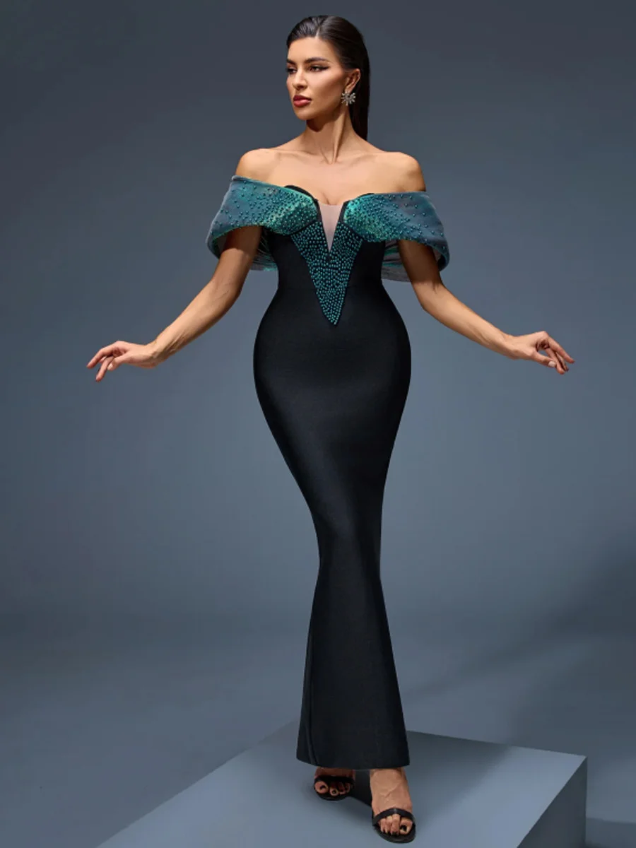 Elegante pérola detalhe cintura alta faixa vestido 2025 na moda envoltório longo vestido de noite para mulher emagrecimento estilo elegante