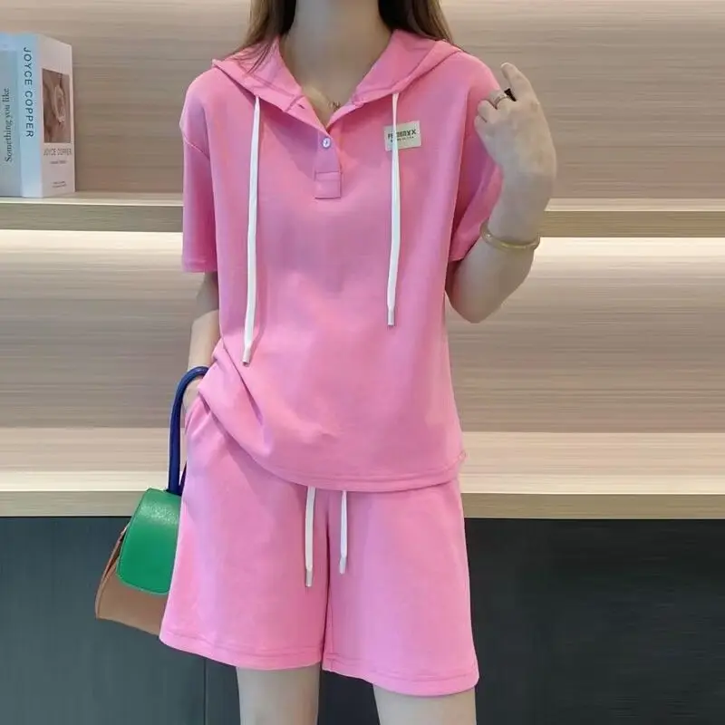 2023 New Summer European Fashion Trend Foreigner Age Reducing Hooded Casual Loose Sweater Short Sleeve Shorts Two Piece Set