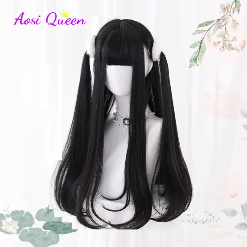 Parrucca sintetica nera lunga e dritta per donna con frangia parrucche Lolita Cosplay nere capelli naturali resistenti al calore
