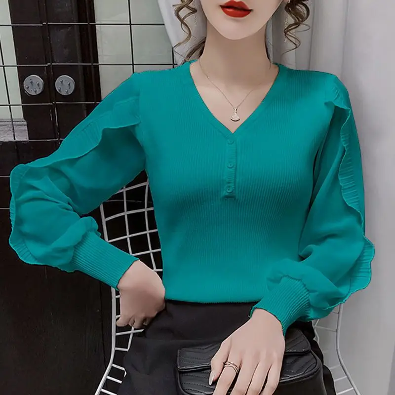 Vintage V-Neck Jumpers Elegant Solid Color Spliced Fashion Chiffon Ruffles Autumn Winter New Korean Slim Button Knitted Sweaters