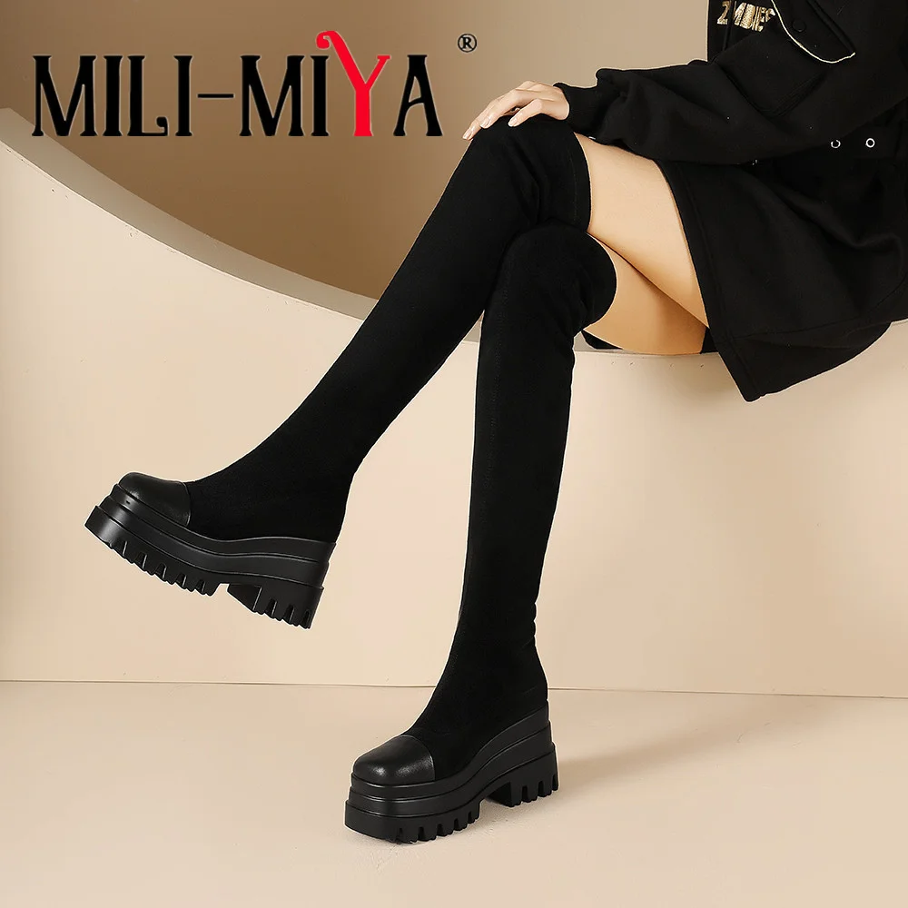 

MILI-MIYA Fashion Platform Women Cow Leather&Stretch Kid Suede Splicing Over The Knee Boots Slip On Super High Thick Heels