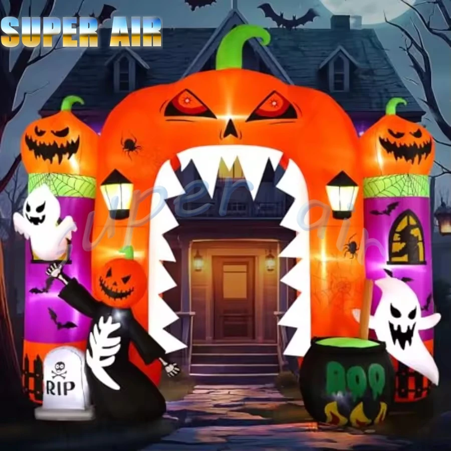 Made in China 3mH giant inflatable Hallooween pumpkin arch with ghost for outdoor Hallooween party decoration