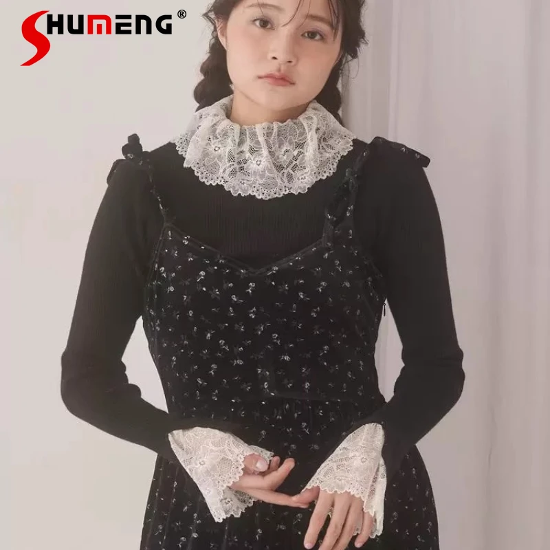 

Japanese Lolita Style Soft Core-Spun Yarn High Neck Lace Bottoming Shirt Four Colors Available Kawaii Clothes Long-sleeves Tees