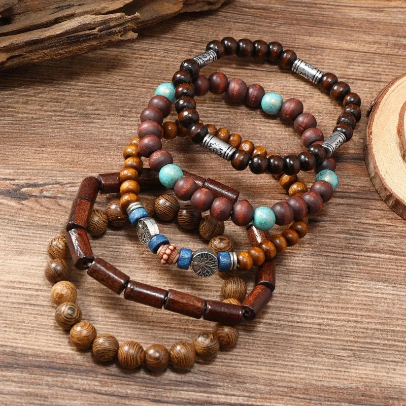 Ethnic 4-5pc/set wood bead tree Cactus Charms bracelets Hamsa Hand Butterfly Bohemia Men Bracelets For Women Female Jewelry