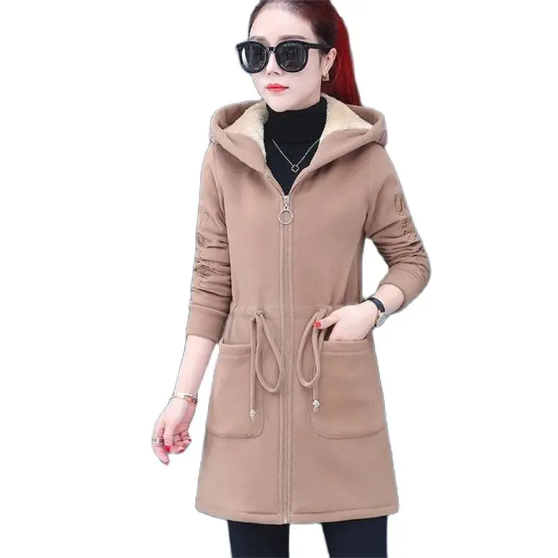 Women Winter Coat Jacket Female Fleece Overcoat 2024 New Mid-length Loose Add Velvet Warm Parkas Lady Hooded Cardigan Sweatshirt