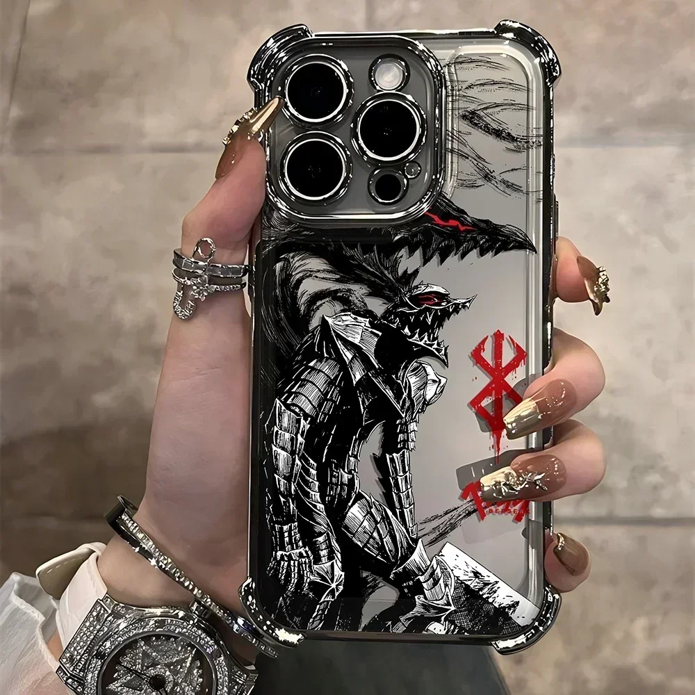 Berserk Guts Hot Blood Anime Plating Case For iPhone 16 15 14 13 12 11 Pro Max X XR XSMax 7 8 Plus Anti-Fall Airabag Back Cover