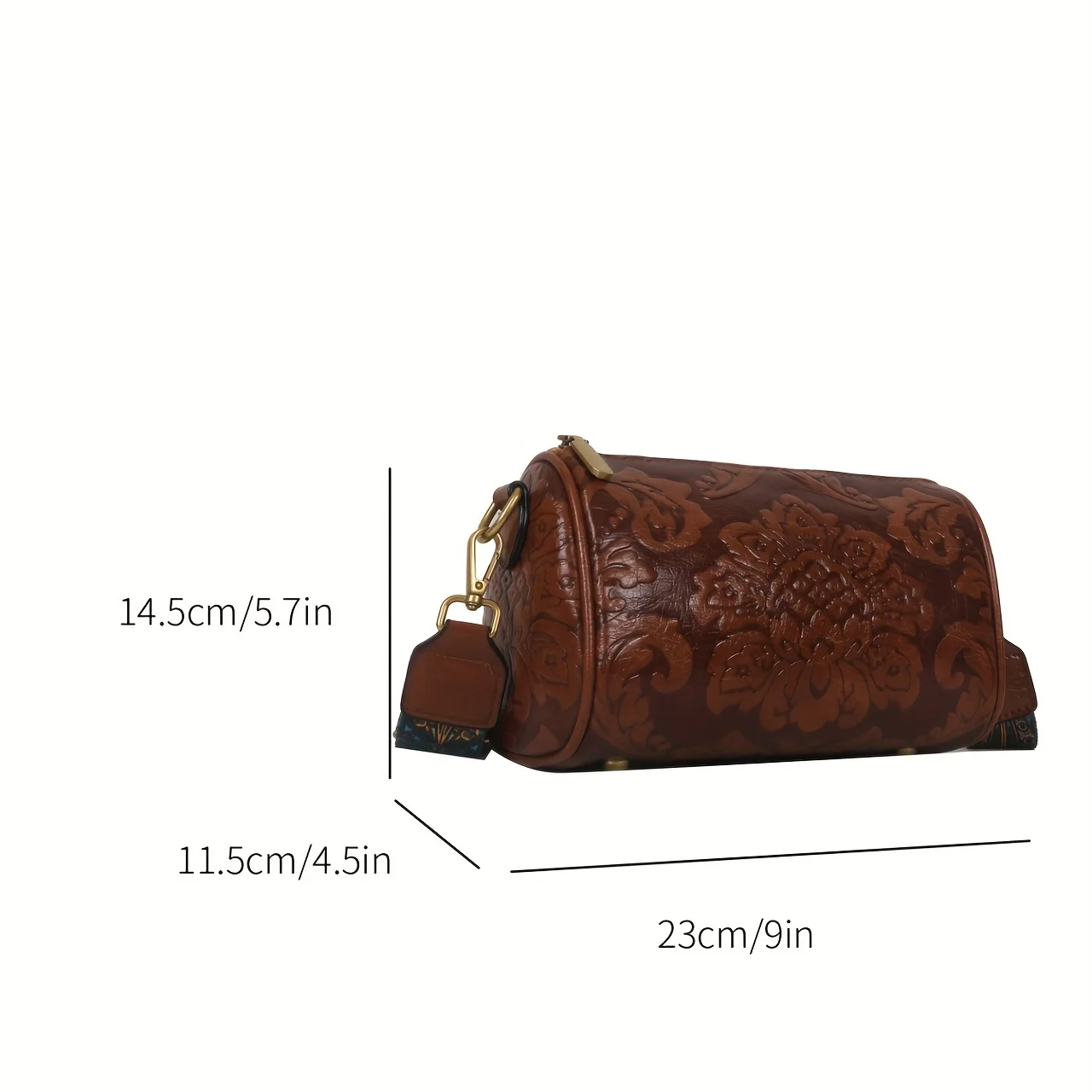 Fashionable Chinese Style Retro Women's Cylindrical Bag Single Shoulder Wide Shoulder Strap Crossbody Bag Cylindrical Embossed