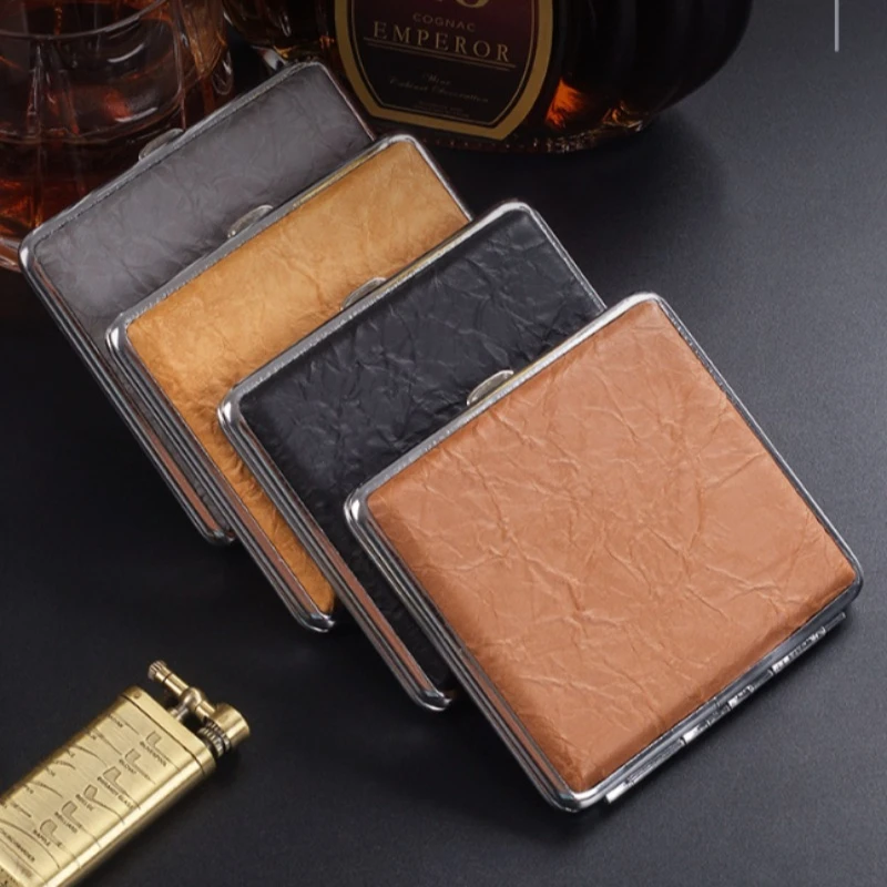 Pleated Leather Metal 20‑Count Cigarette Case Anti‑Crush Moisture Resistant Cigarette Clip Storage Box For Male Smokers Outdoor