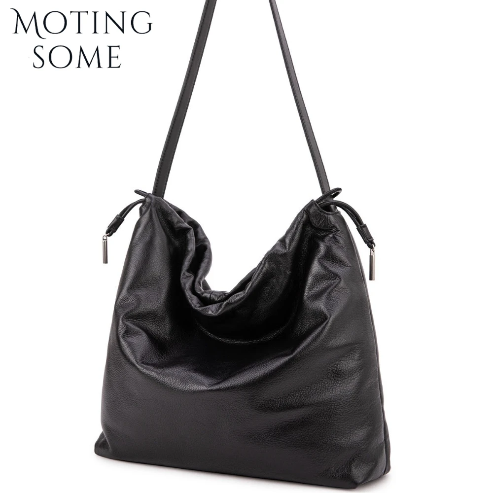 

Motingsome Luxury Designer Bags Women Black Cloud Bag Trash Bucket First Layer Real Cowhide Large Capacity Drawstring Handbag