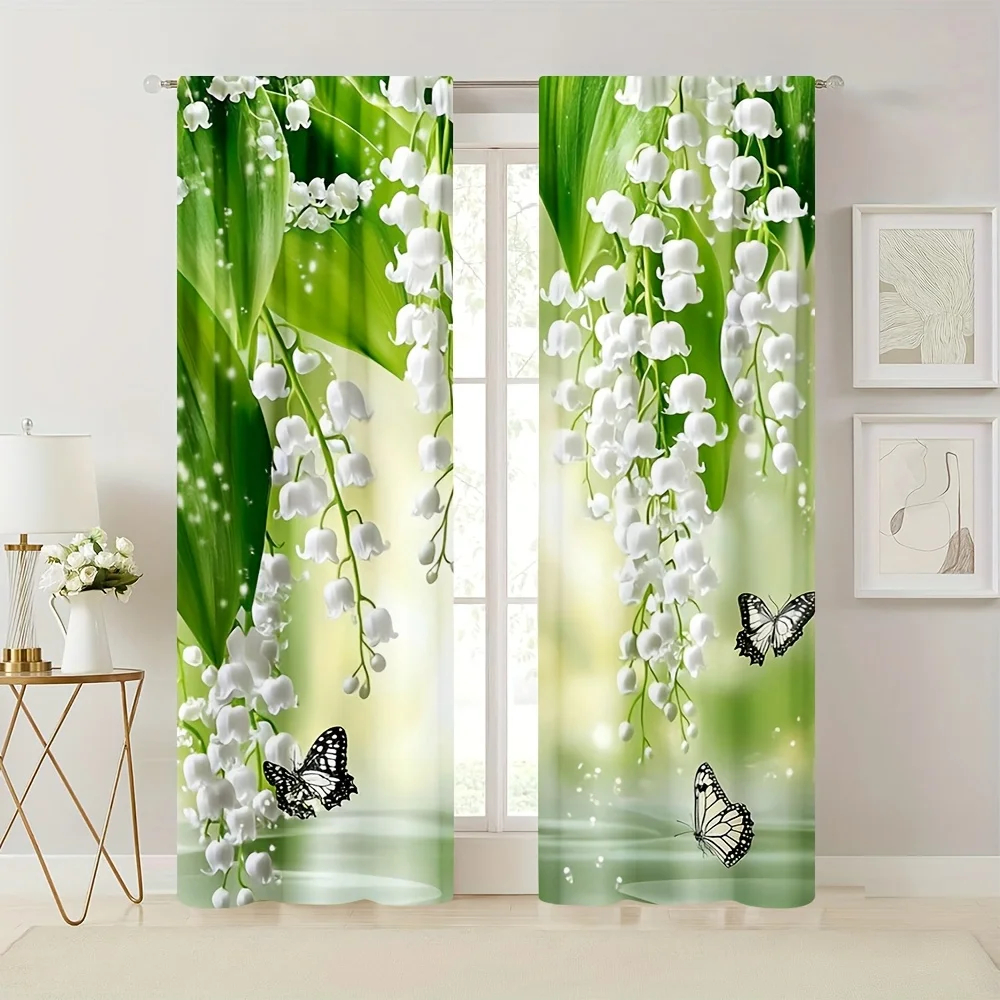 

2pcs Lily Of The Valley Curtains White Flower Butterfly Print Drape Spring Bedroom Window Treatment Elegant Floral Home Decor