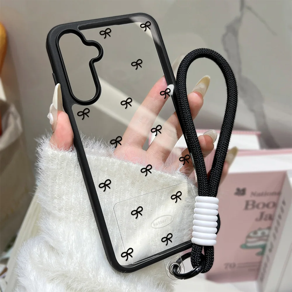 Capa de Telefone com Laço Preto para Samsung Galaxy S26 Ultra, A16, A56 5G, A17, A55, A54, A36, A07, A06, S25 Ultra, S24 FE, S23 com Cordão