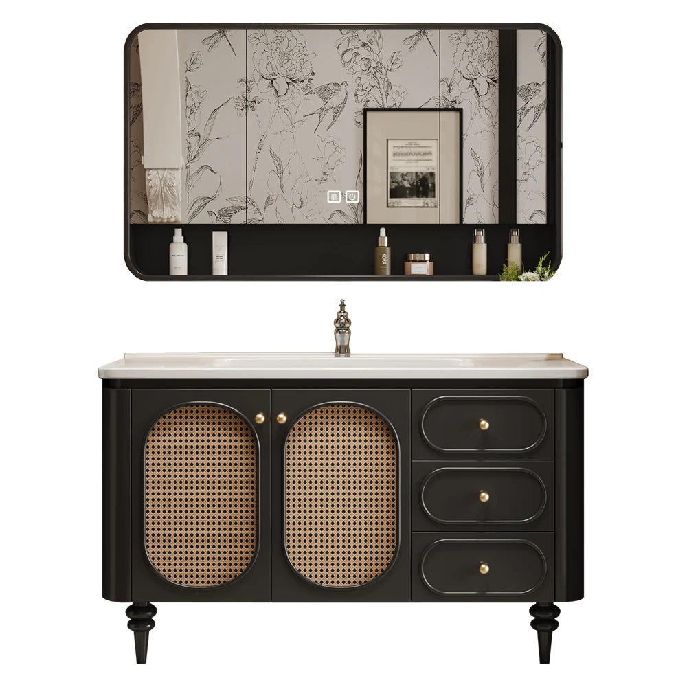 Light luxury smart French rattan bathroom retro style oak washstand ceramic integrated basin washbasin washbasin basin