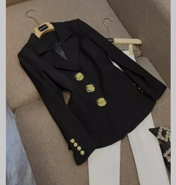 Black Coat Designed Buttons Lady Office Single-breasted Notched Long Sleeve Fashion Slim Fit Women Blazer