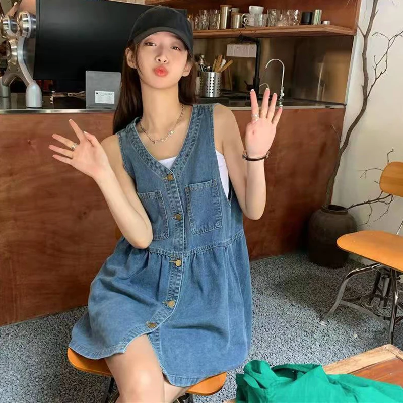 Sleeveless Strap Dress Women Summer Single Breasted Pockets Denim Dresses Female Korean Loose Casual A Line Mini Dress