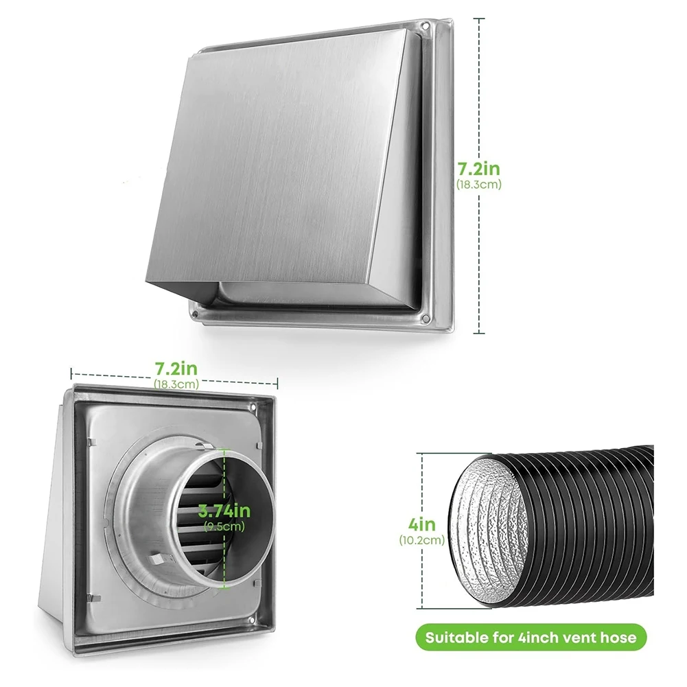 4 Inch Dryer Vent Cover Outdoor Walls, Stainless Steel External Extractor Wall Vent Cushioned Non-Return Flap