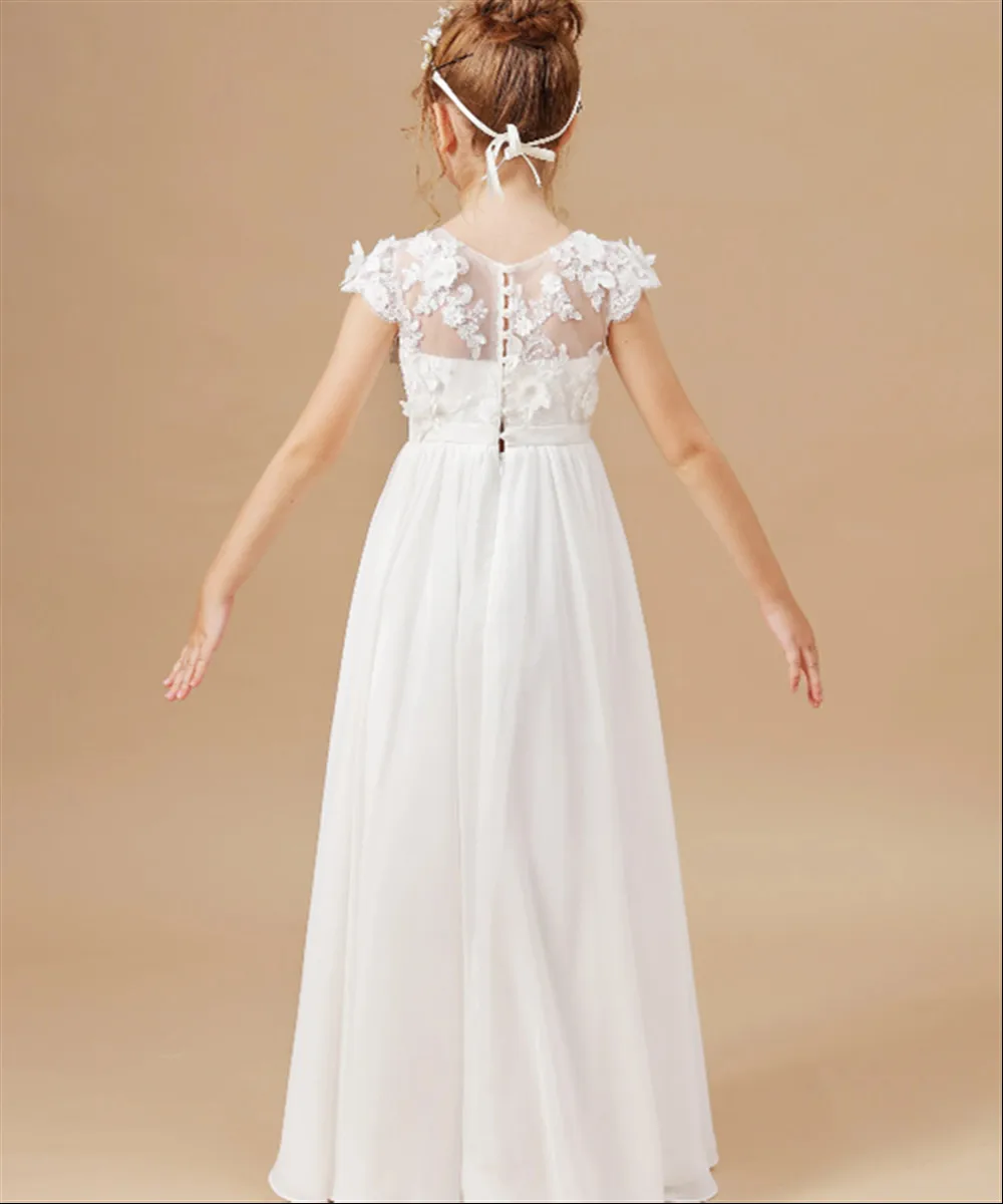 Vestido de novia elegante personalizado con flores para niña, apliques blancos, cinturón con lazo de encaje, vestido de primera comunión hinchado para niña, vestido de fiesta de cumpleaños