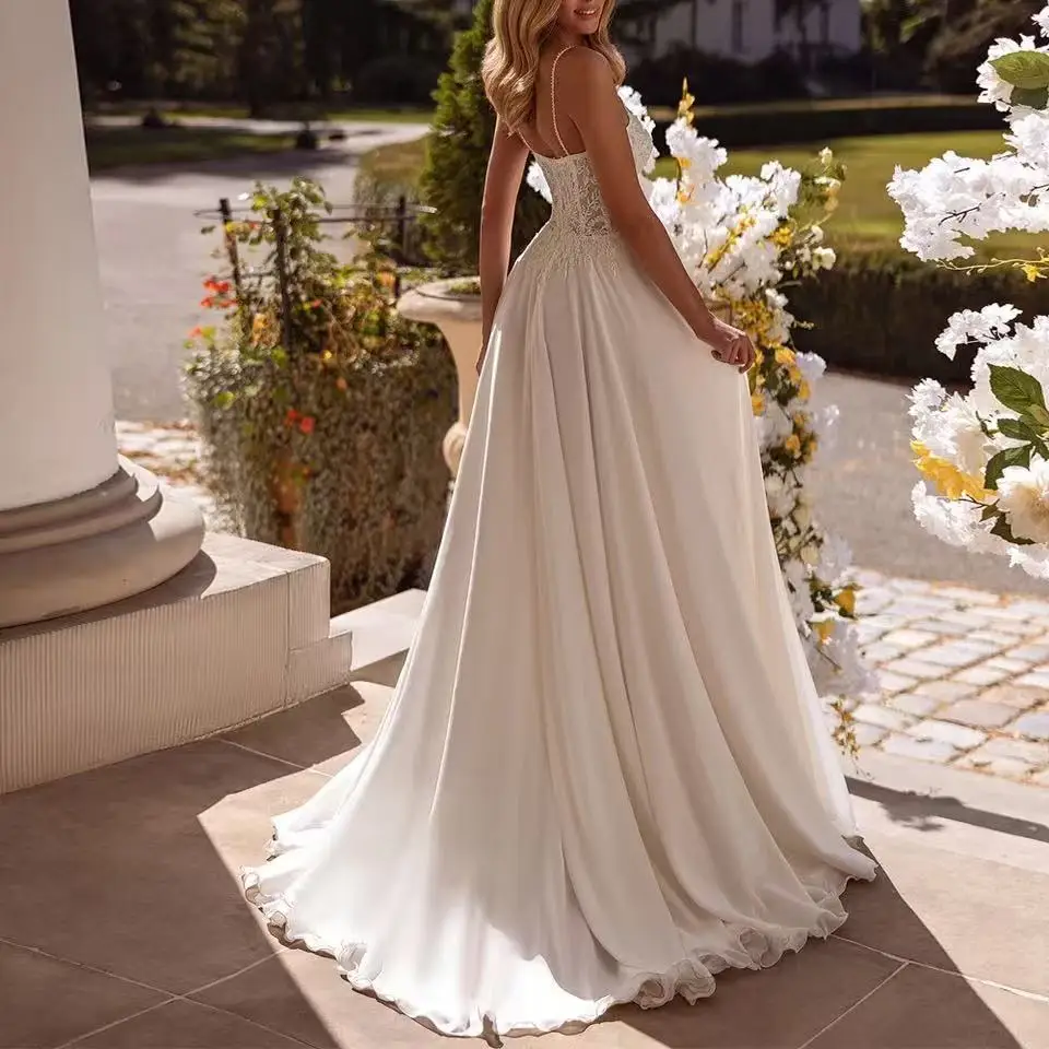 Customized Spaghetti Straps Wedding Dresses A Line Sweetheart Neck Bridal Gowns Applique Lace Sequined Slit Vestido De Novia
