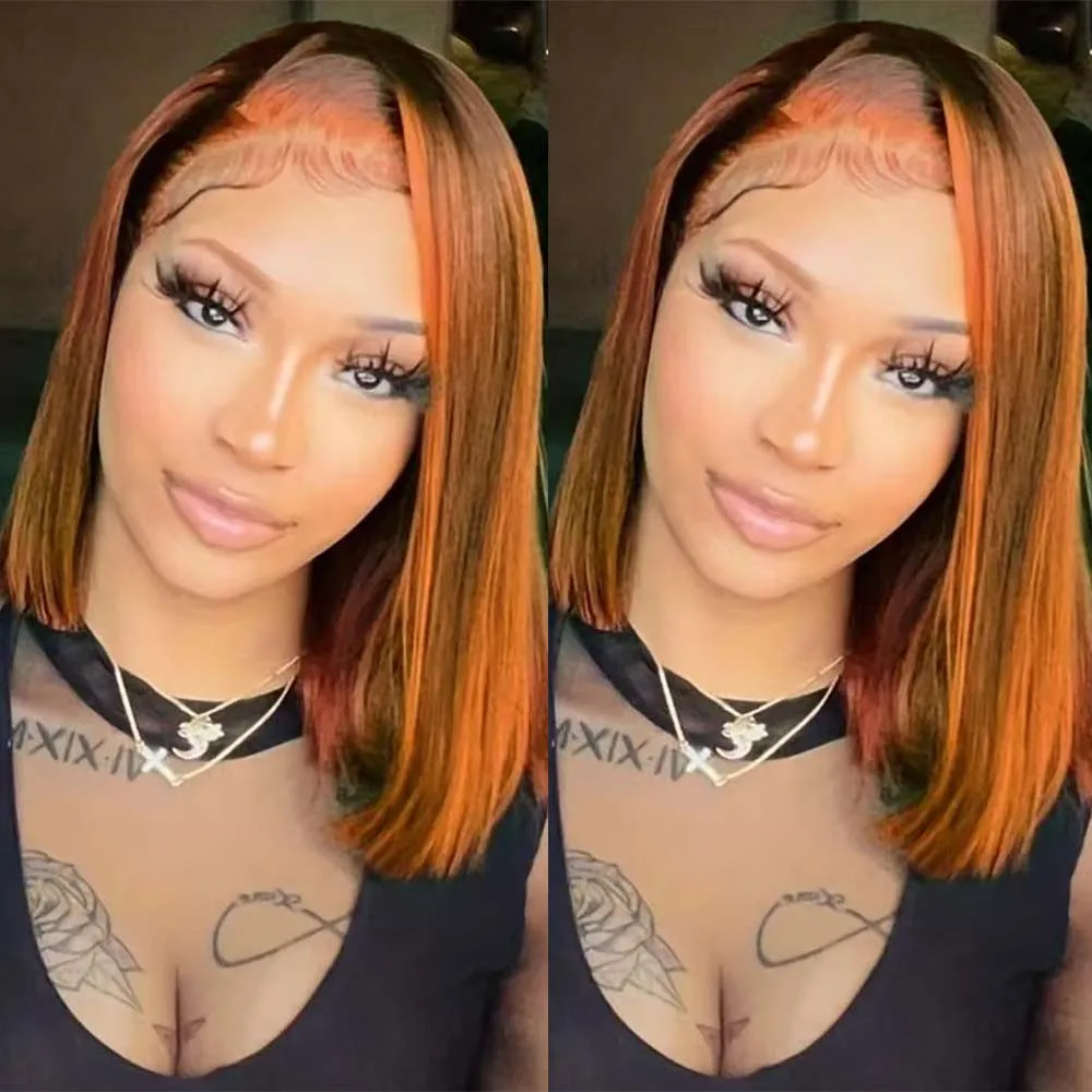 P4/350 ボーンストレートHD 13x4 フルレースフロント 人毛ウィッグ ハイライトブラウンジンジャー人毛ウィッグ ショートストレートボブウィッグ 200%
