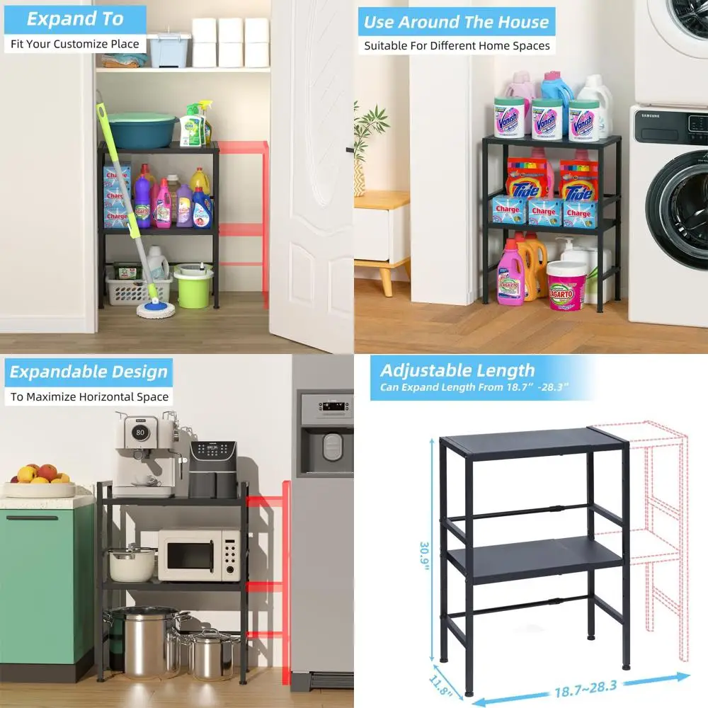 

Expandable 2-Tier Metal Shelves - 150LBS Capacity, Adjustable Storage Rack for Kitchen, Garage, Laundry, and Pantry