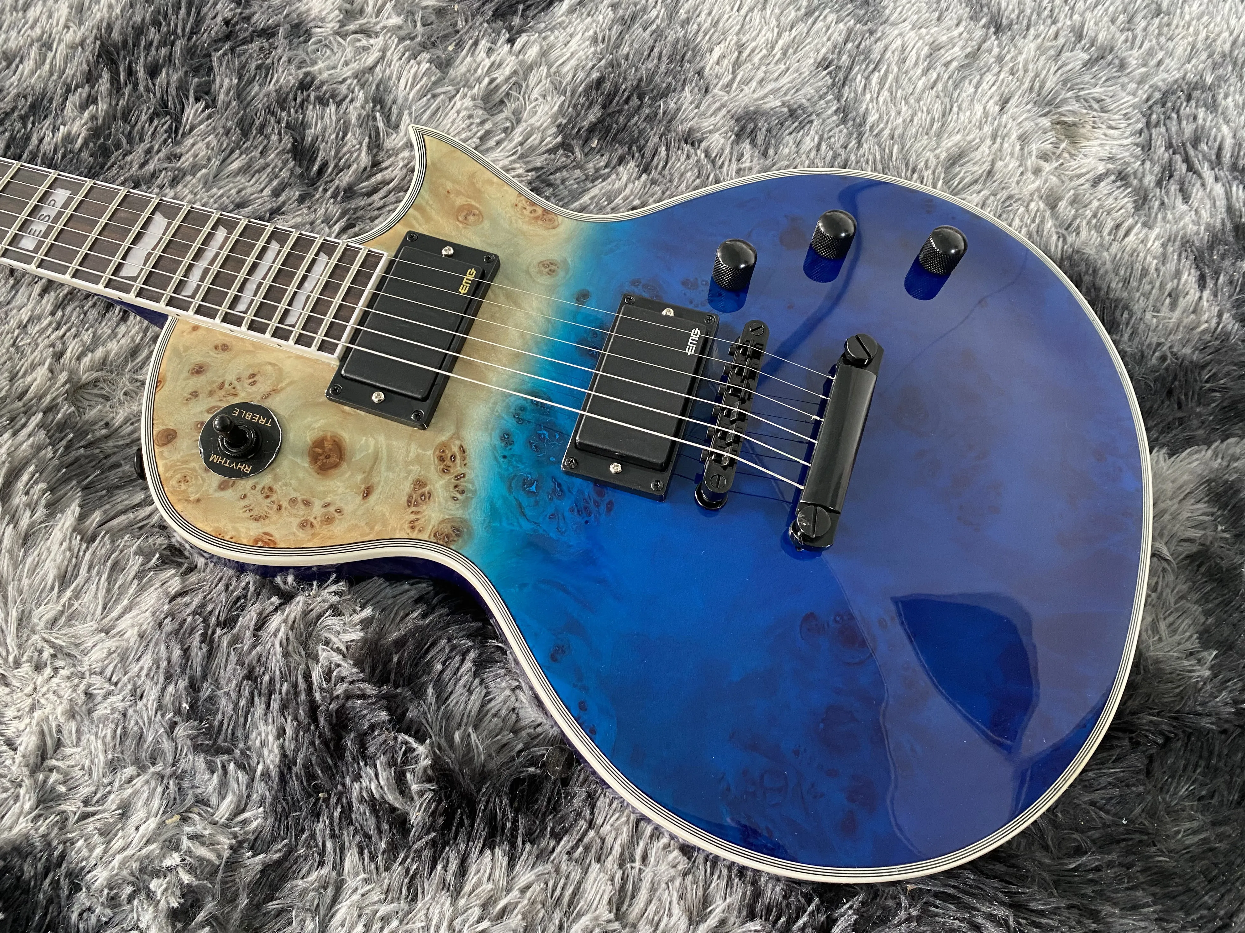 Chinese Electric Guitar Blue Color Burr Wood Grain Black Hardware