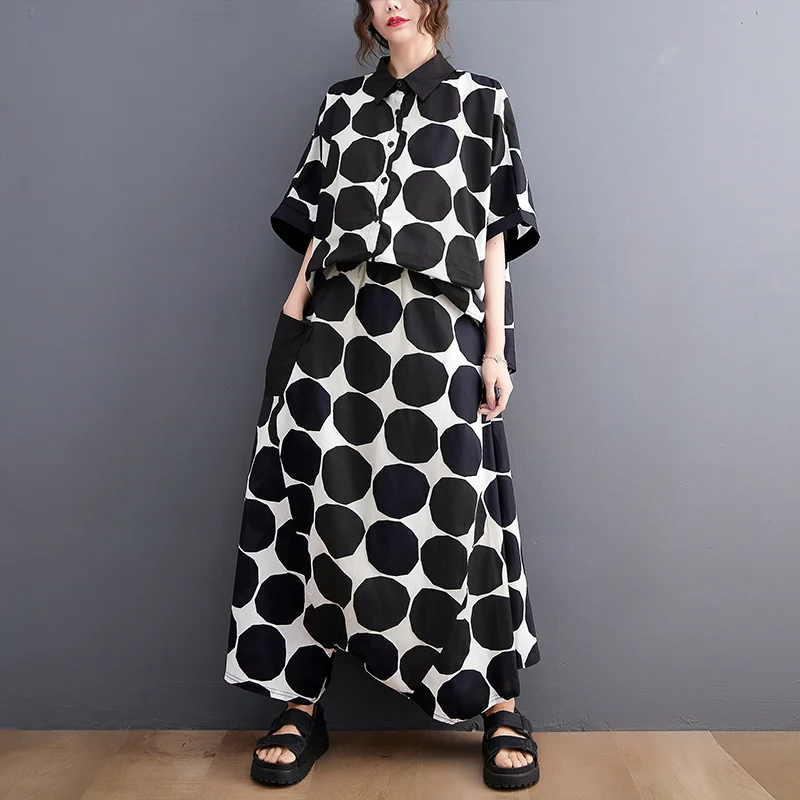 #2701 Summer Polka Dot Blouse And Wide Leg Pants Women Bat Sleeve Thin Korean Style Loose Two Piece Outfits Female Streetwear