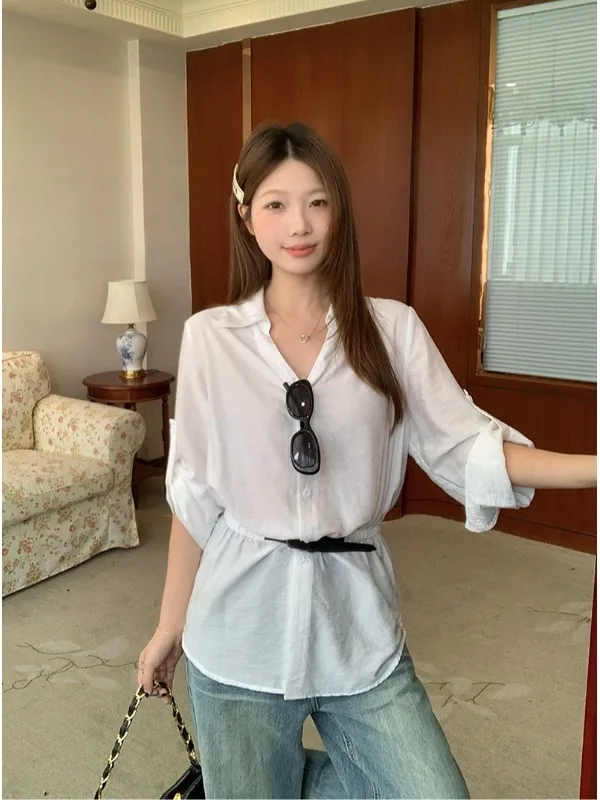 

Slimming Effect plus Size Women's Korean Style Shirt Summer Turn-down Collar Waist-cinching Sleeveless Top Open Cardigan